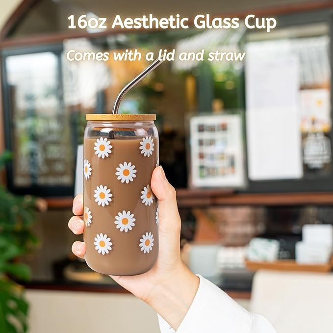 JTEWB Birthday Gift Box for Women, Teen Girl, Daisy Aesthetic Glass Cup Set, Cute Gifts, 7pcs