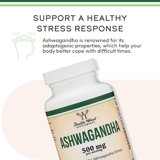 Double Wood Ashwagandha Capsules – 500mg 20:1 Extract – Adrenal & Cortisol Support – Stress, Mood & Energy – Non-GMO, Gluten-Free, Vegan – 120 Count