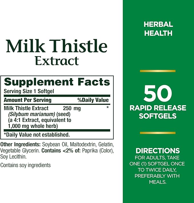 Nature’s Bounty Milk Thistle 1000mg – Rapid Release Softgels – Liver Health & Detox Support – Non-GMO – 50 Softgels