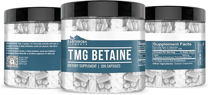 Earthborn Elements TMG Betaine Anhydrous – Pure & Undiluted, 200 Capsules, No Additives