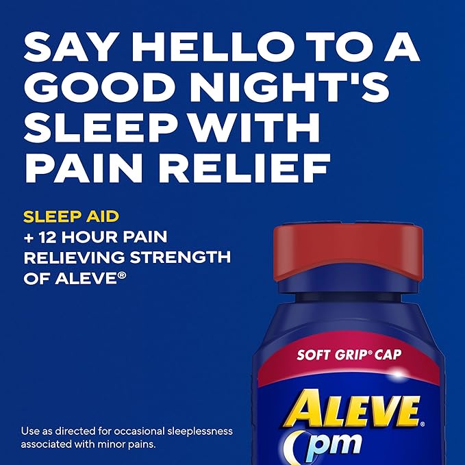 Aleve PM Pain Reliever and Nighttime Sleep Aid Caplets – Naproxen Sodium & Diphenhydramine HCl for Aches and Sleeplessness, 120 Count