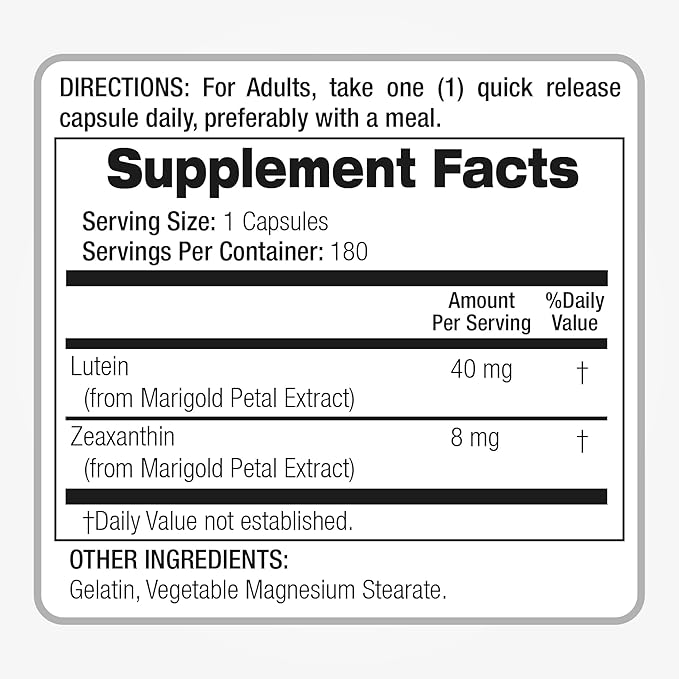 FITO MEDIC'S Lab Lutein 40mg + Zeaxanthin – High Absorption Eye Health Supplement – Ultra-Pure Marigold Extract – Non-GMO, Gluten-Free – 180 Capsules (Value Size)