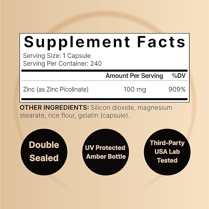 High Potency Zinc Picolinate 100mg – Immune, Skin & Antioxidant Support – 240 Capsules – Non-GMO, Gluten Free