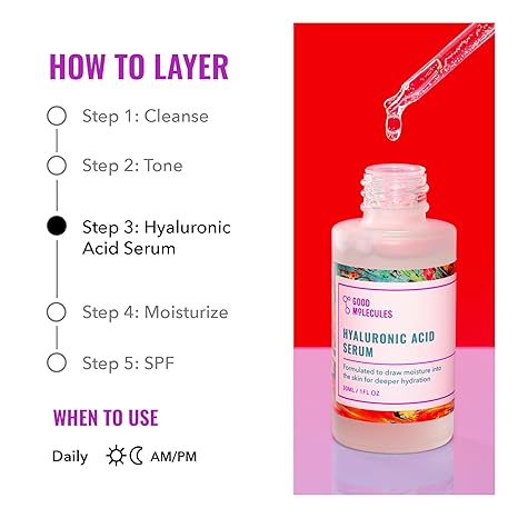 Good Molecules Hyaluronic Acid Serum – Ultra Hydrating, Non-Greasy, Plumping Facial Moisturizer – Vegan, Fragrance Free – 1 fl oz
