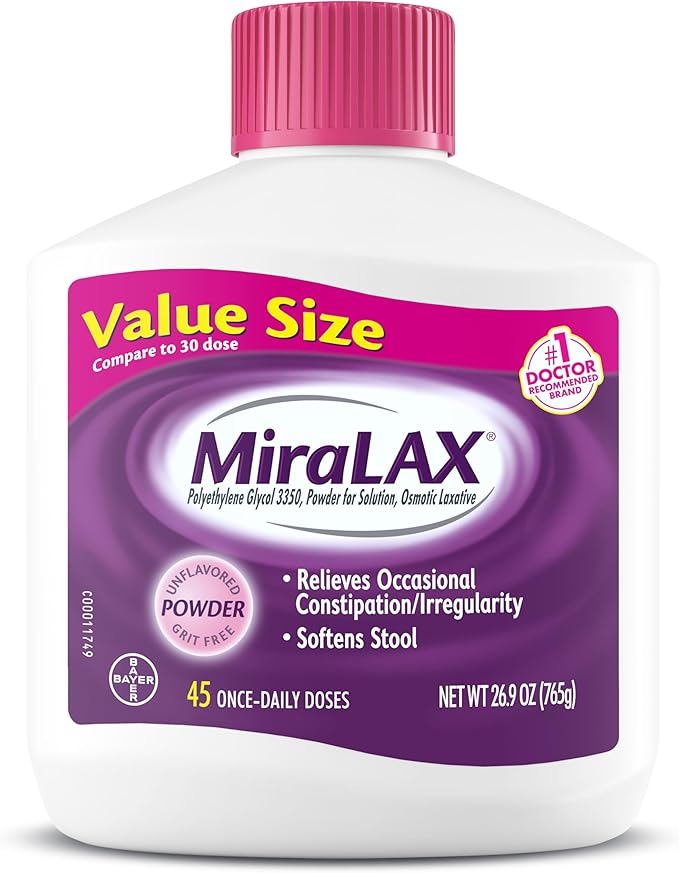 MiraLAX Laxative Powder – Gentle Constipation Relief with PEG 3350 – Stool Softener, 45 Doses – No Harsh Side Effects