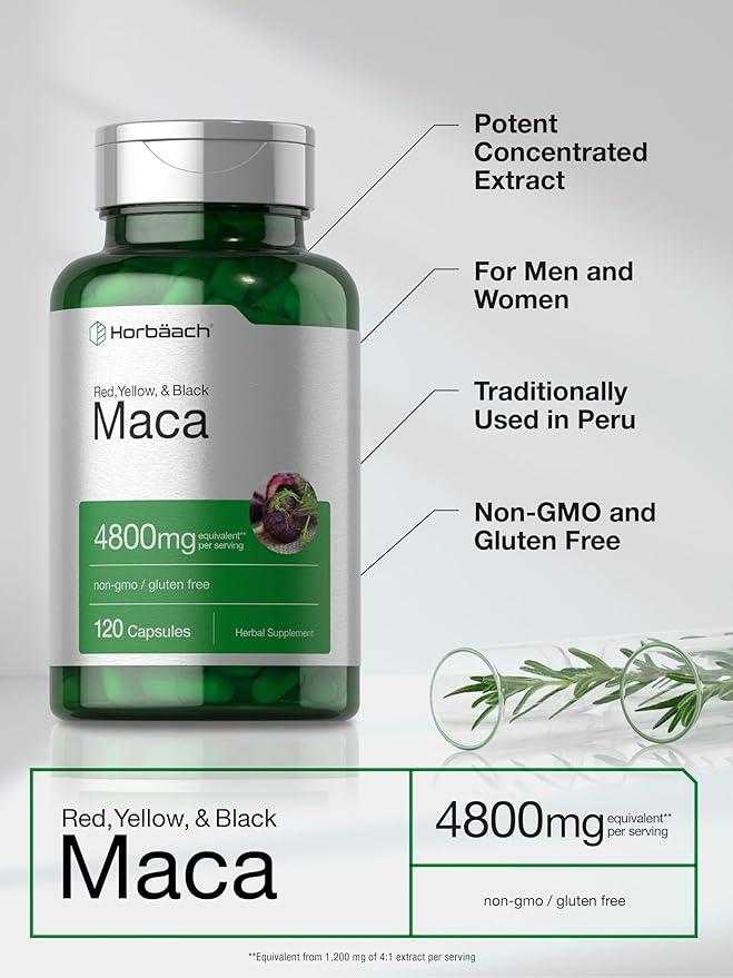 Horbaach Maca Root Capsules 4800mg – High Potency Extract – Energy, Mood & Hormonal Support – Non-GMO, Gluten-Free – 120 Pills for Men & Women