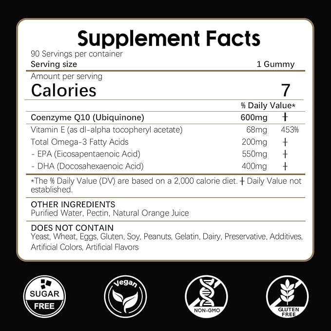 LKINT CoQ10 Gummies 600mg – Sugar Free, Vegan, High Absorption with Omega 3 & Vitamin E – Heart, Energy & Antioxidant Support – Orange Flavor – 90 Gummies