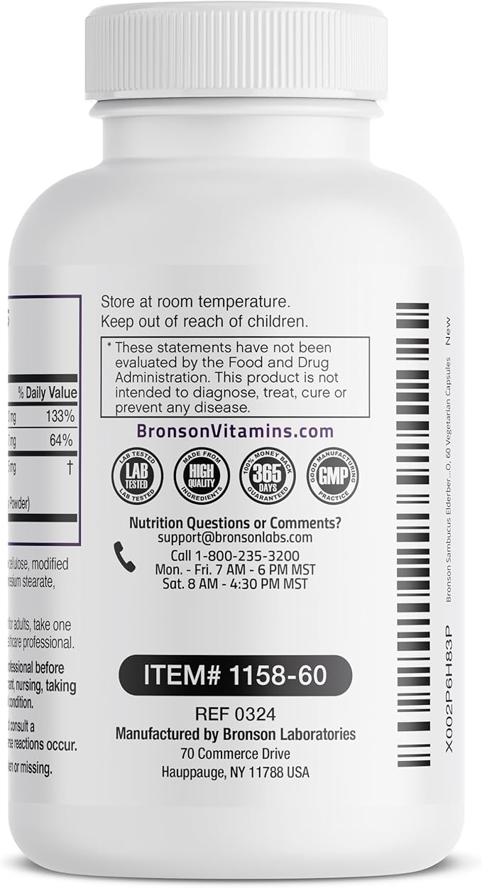 Bronson Sambucus Elderberry with Zinc & Vitamin C – Triple Immune Support & Antioxidant Protection – Non-GMO, Gluten-Free – 60 Vegetarian Capsules