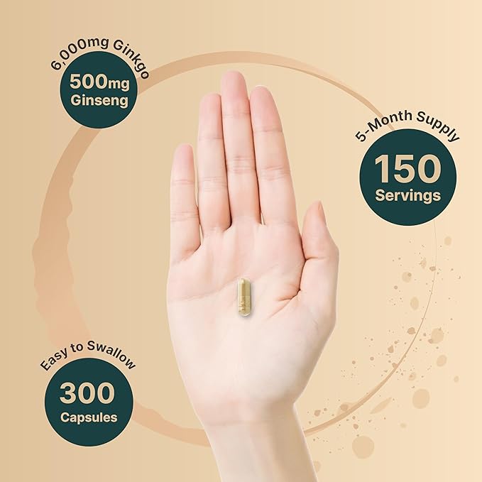 NatureBell Ginkgo Biloba 6000mg with Panax Ginseng 500mg – Max Strength Memory & Focus Support – Non-GMO, Gluten-Free – 300 Capsules