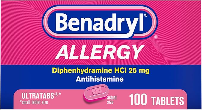 Benadryl Ultratabs Allergy Relief – 25 mg Diphenhydramine HCl – 100 Tablets for Sneezing, Runny Nose, & Itchy Eyes