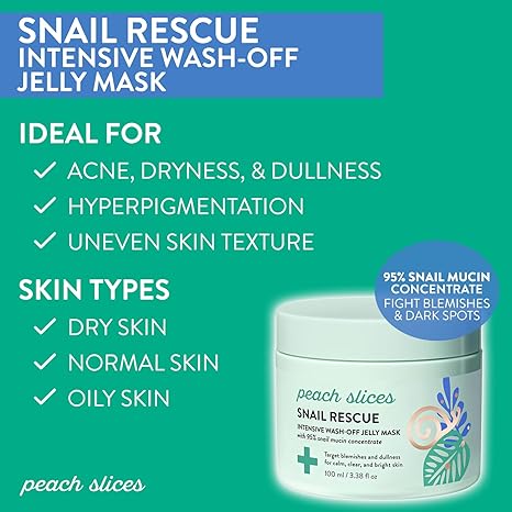 Peach Slices Snail Rescue Intensive Wash-Off Face Mask – 95% Snail Mucin for Dark Spots, Blemishes & Hydration – Calming, Fragrance-Free K-Beauty (3.38 oz)