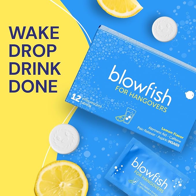 Blowfish for Hangovers – Fast Hangover Relief Tablets with Caffeine & Aspirin, Headache & Nausea Treatment, Hydration & Energy Booster, Lemon Effervescent, 1 Box