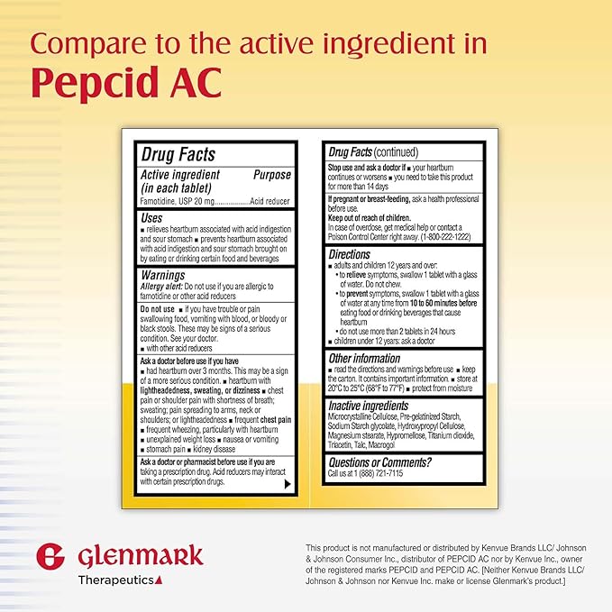 Glenmark Famotidine Tablets 20 mg Maximum Strength Acid Reducer – 200 Count for Heartburn and Indigestion Relief