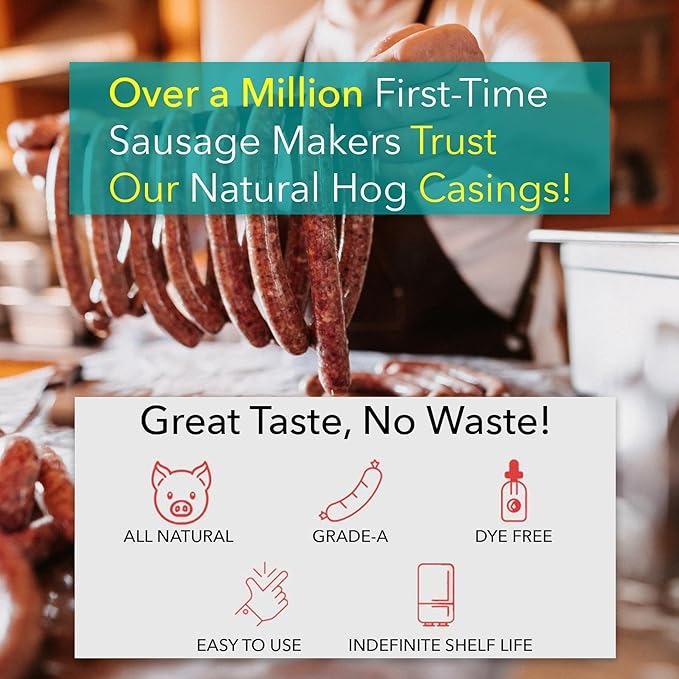 The Sausage Maker® Natural Hog Sausage Casings 32-38mm, Edible Casing For Sausage Making, Stuff Over 25 Lbs Meat, Breakfast, Italian, Polish, Bratwurst, Hot Dog, Pork Links, 1.2-1.5
