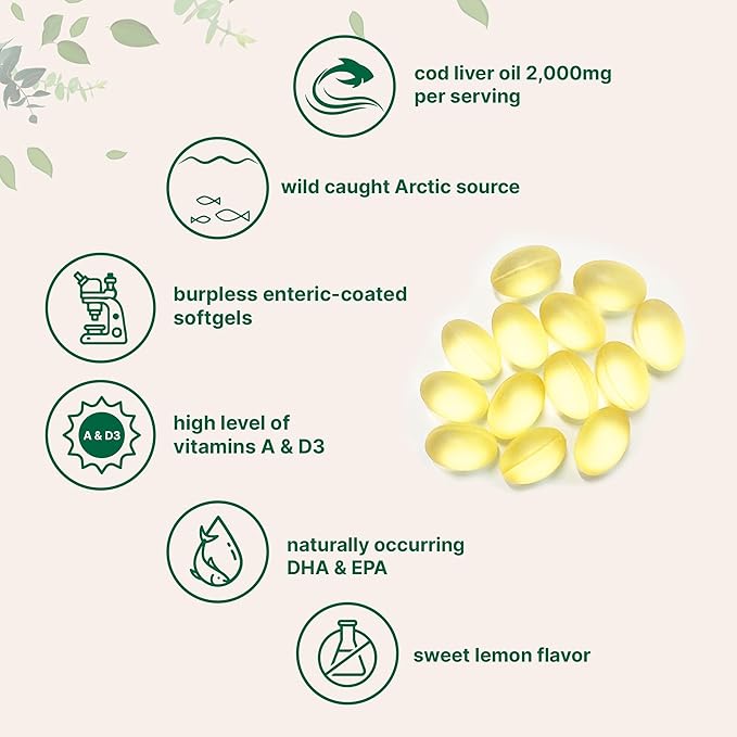 Cod Liver Oil 2000mg with Omega-3 EPA DHA, Vitamins A & D3 – Lemon Flavored Burpless Softgels – Wild Arctic Fish Oil for Heart, Brain, Immune & Joint Support – Non-GMO, Gluten-Free – 360 Capsules
