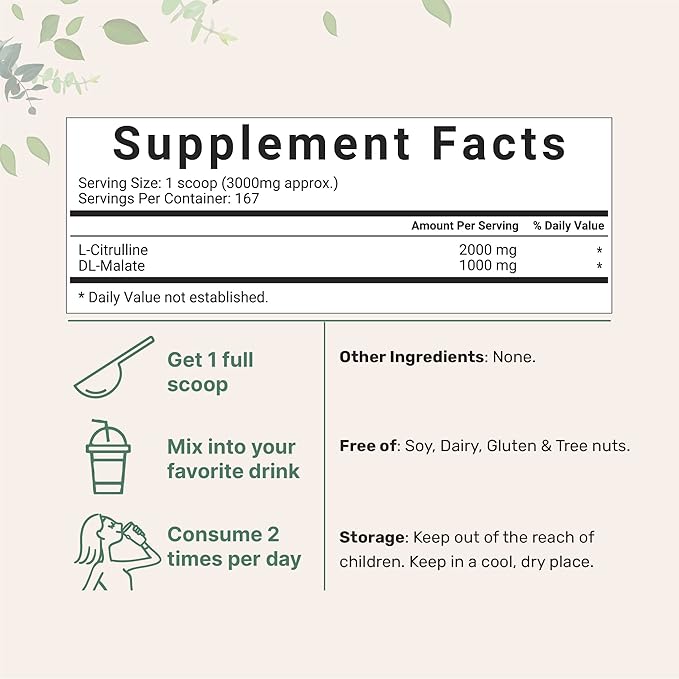 Pure L Citrulline Malate 2:1 Powder – 500 Grams, Filler-Free, Vegan, Unflavored