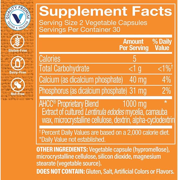 The Vitamin Shoppe AHCC 500mg – Immune & NK Cell Support – 60 Vegan Capsules