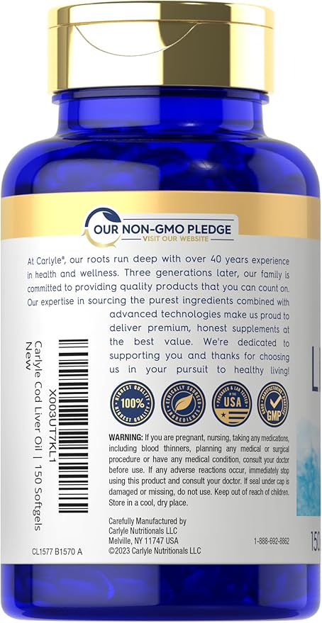 Carlyle Norwegian Cod Liver Oil 1245mg with EPA & DHA – Omega-3 Supplement – Heart, Brain, Joint & Immune Support – Non-GMO, Gluten-Free – 150 Liquid Softgels