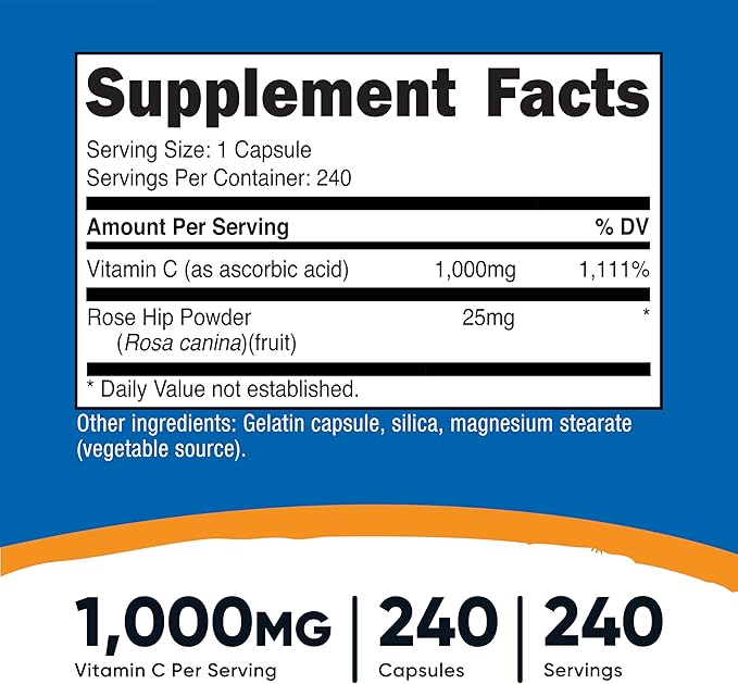 Nutricost Vitamin C 1000mg with Rose Hips – Immune & Antioxidant Support – 240 Capsules – Non-GMO, Gluten Free