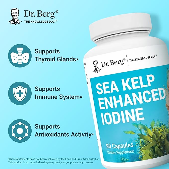 Dr. Berg Sea Kelp Enhanced Iodine 200mcg – Seaweed & Blue-Green Algae Thyroid Support – 90 Capsules