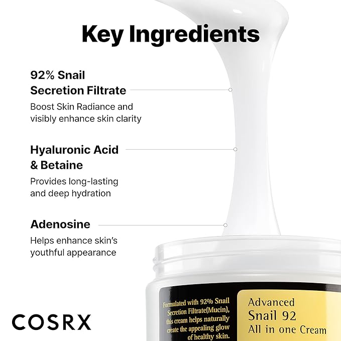 COSRX Snail Mucin 92% Moisturizer – Lightweight Korean Face Cream, 3.52oz