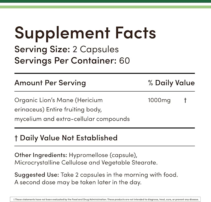 Double Wood Organic Lion’s Mane Mushroom – Brain, Memory & Immune Support – 120 Capsules – USA Grown, Third Party Tested