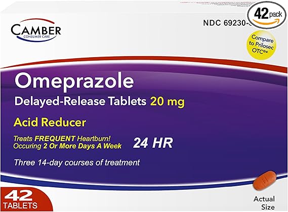 Camber Omeprazole 20mg Tablets (42 Count | 3 x 14-Day Courses) – Delayed-Release Acid Reducer for Frequent Heartburn & Acid Reflux Relief – 24-Hour Daily Antacid Treatment
