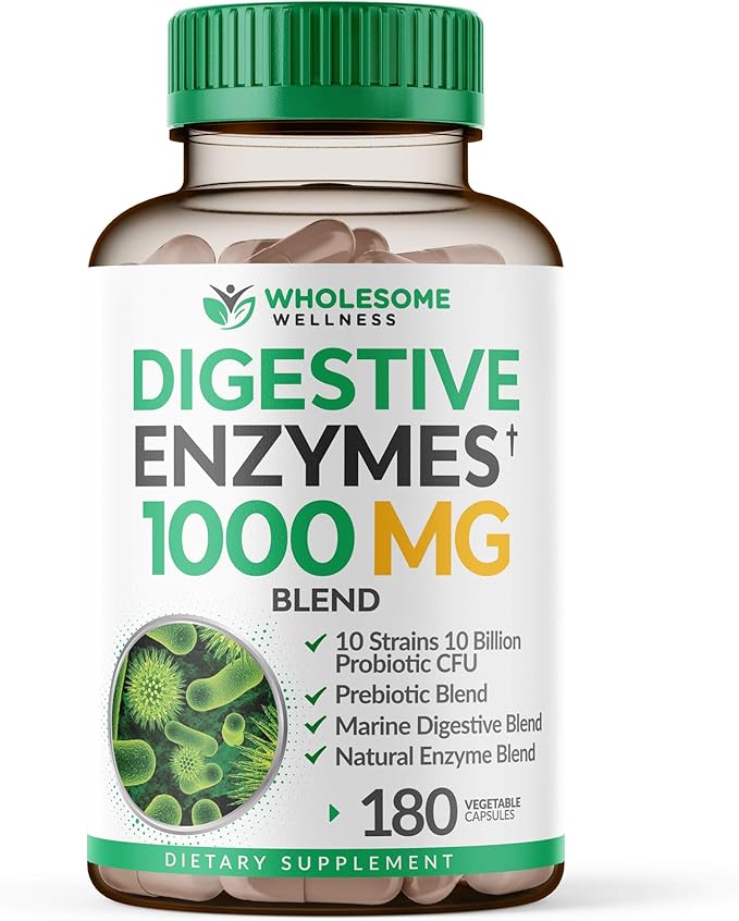 Wholesome Wellness Digestive Enzymes 1000mg with Probiotics & Prebiotics – Gut Health, Bloating Relief & Nutrient Absorption – Vegan, Non-GMO, Gluten-Free – 180 Capsules