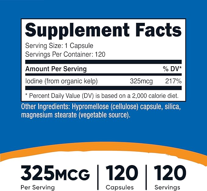 Nutricost Iodine 325mcg from Organic Sea Kelp – Natural Thyroid Support – 120 Vegetarian Capsules