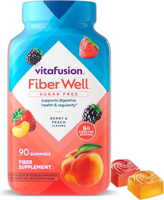 Vitafusion Fiber Well Gummies – Sugar Free Prebiotic Fiber for Adults – Digestive Support – Strawberry & Blackberry Flavors – Non-GMO, Gluten-Free – 90 Gummies