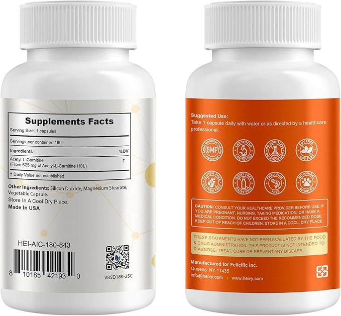 Acetyl L-Carnitine (ALCAR) 500mg – Brain, Nerve & Energy Support – Focus & Performance – Non-GMO, Gluten-Free – 180 Capsules