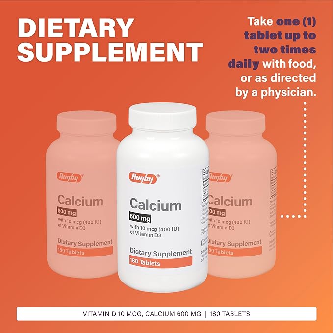 Rugby Calcium 600mg Tablets with 400 IU Vitamin D3 for Bone and Teeth Support Dietary Supplement 180 Count