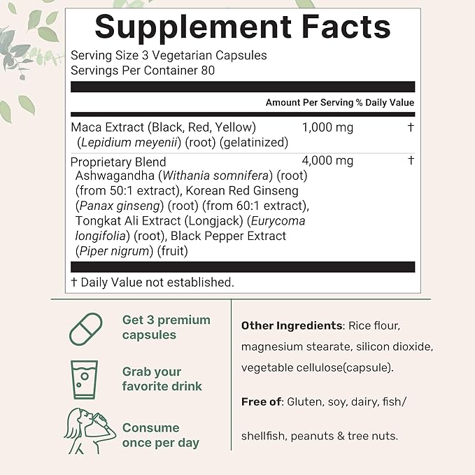 Maca Root Capsules 5000mg with Ashwagandha, Panax Ginseng, Tongkat Ali & Black Pepper – Energy, Mood & Hormone Balance – Non-GMO, Gluten-Free – 240 Veggie Capsules
