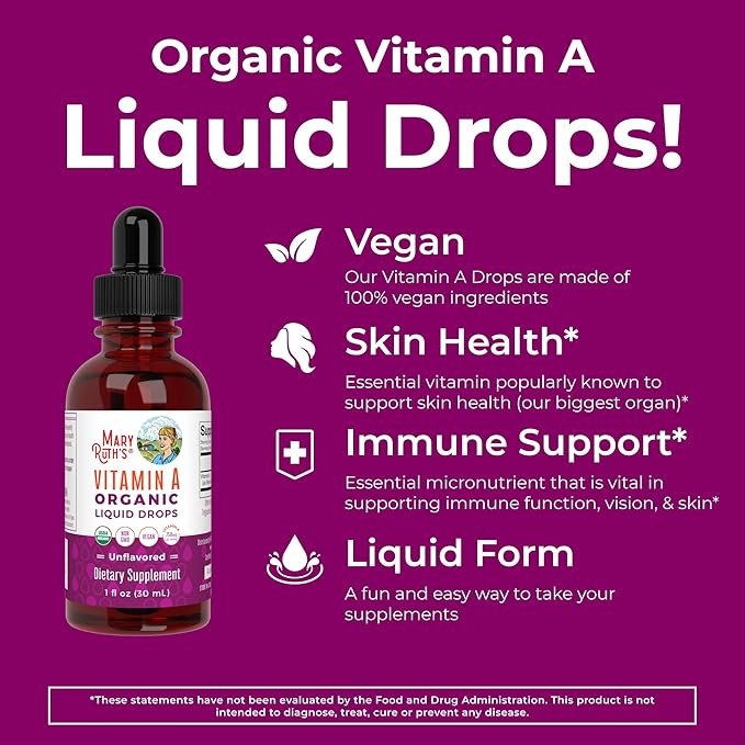 MaryRuth Organics Organic Vitamin A Liquid Drops – Immune, Eye & Skin Support – 750mcg, Sugar Free, Vegan – 1oz (3 Month Supply)
