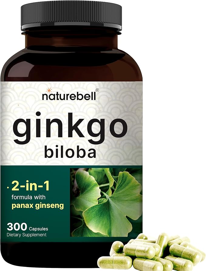 NatureBell Ginkgo Biloba 6000mg with Panax Ginseng 500mg – Max Strength Memory & Focus Support – Non-GMO, Gluten-Free – 300 Capsules