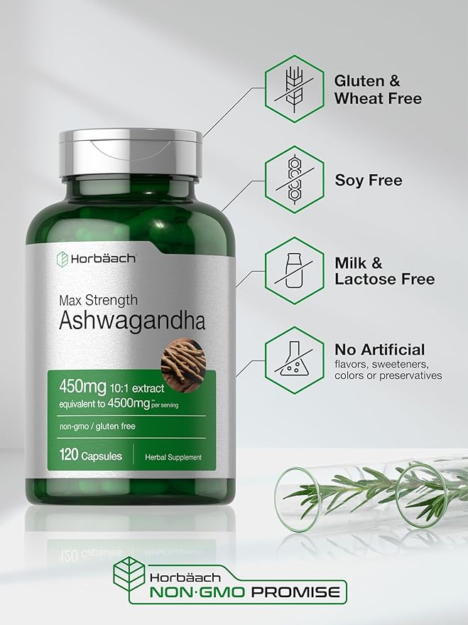Horbäach Ashwagandha Max Strength – 4500mg Equivalent 10:1 Extract – Stress & Mood Support – Non-GMO, Gluten-Free – 120 Capsules