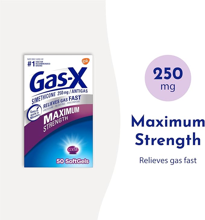 Gas-X Maximum Strength Gas Relief Softgels with 250mg Simethicone – Fast Relief for Bloating, Pressure, and Discomfort – 50 Count Pack