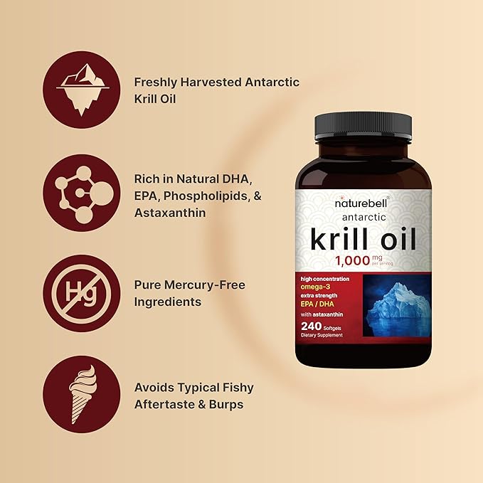 NatureBell Antarctic Krill Oil 1000mg – Omega-3 EPA, DHA & Astaxanthin – Heart, Joint & Brain Support – Non-GMO, Gluten-Free – 240 Softgels (Value Size)