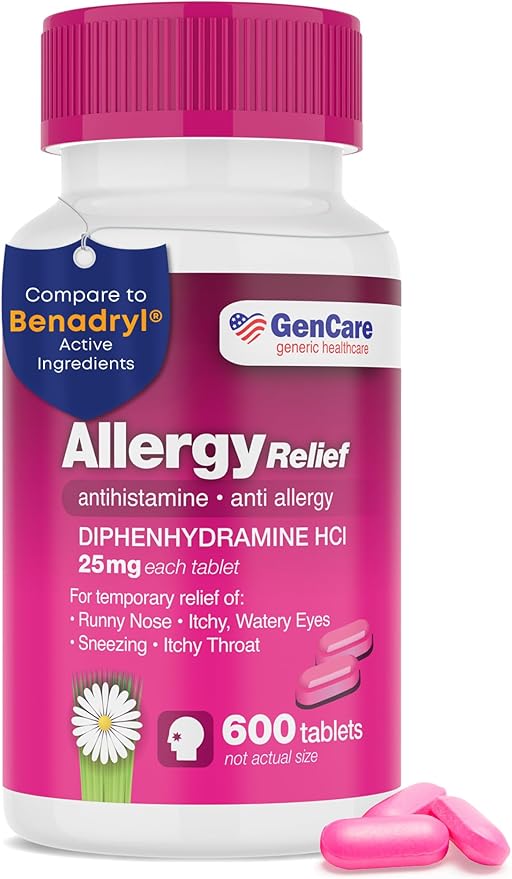 GenCare Allergy Relief Tablets 25 mg Diphenhydramine HCl – 600 Count Value Pack for Sneezing, Itchy Eyes, Runny Nose, and Indoor or Outdoor Allergies