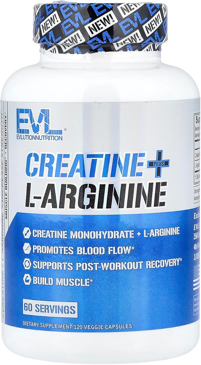 EVLution Nutrition Creatine + L-Arginine – Muscle Growth, Blood Flow & Recovery – 500mg Each – Nitric Oxide Booster – 120 Veggie Capsules – Non-GMO, Gluten-Free