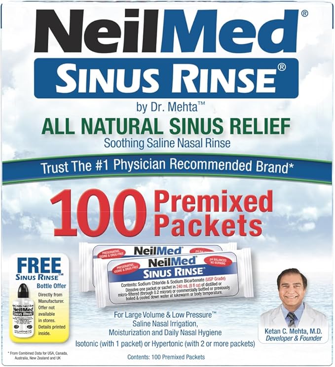 NeilMed Sinus Rinse Refill Packets – 100 Count Premixed Saline Packets for Nasal Allergy, Sinus Pressure, Congestion & Post Nasal Drip Relief