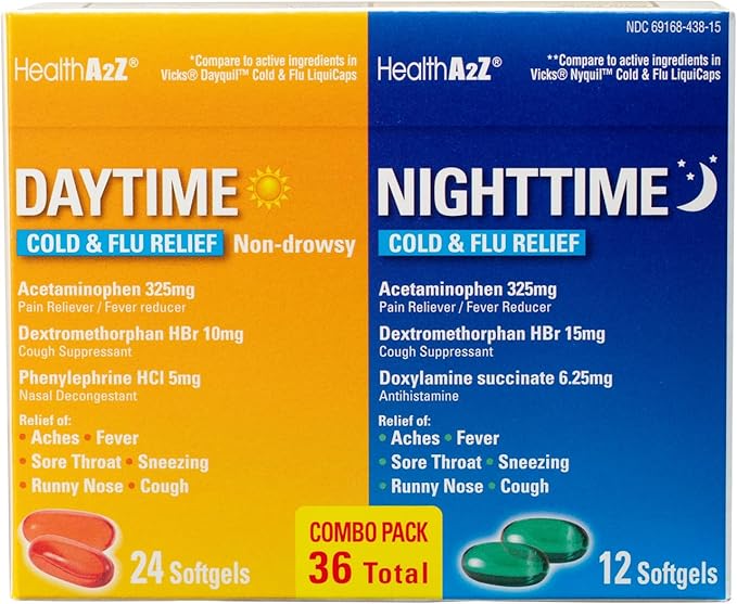 HealthA2Z Daytime and Nighttime Cold & Flu Relief Softgels – 36 Count Combo Pack (24 Daytime + 12 Nighttime) – Multi-Symptom Relief