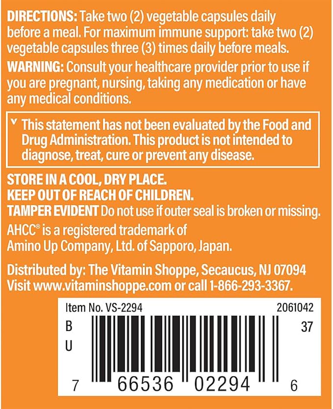 The Vitamin Shoppe AHCC 500mg – Immune & NK Cell Support – 60 Vegan Capsules