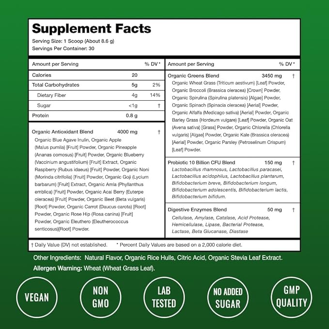 NutraChamps Super Greens Powder – Organic Superfood Blend with Spirulina, Chlorella, Wheatgrass, Probiotics & Digestive Enzymes – Berry Flavor – 9 oz