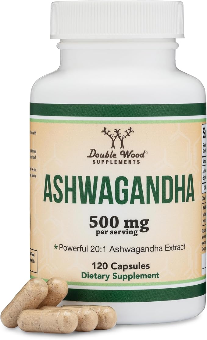 Double Wood Ashwagandha Capsules – 500mg 20:1 Extract – Adrenal & Cortisol Support – Stress, Mood & Energy – Non-GMO, Gluten-Free, Vegan – 120 Count