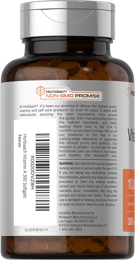 Horbäach Vitamin A 10,000 IU – Vision, Immune & Skin Support – 300 Softgels – Non-GMO, Gluten Free