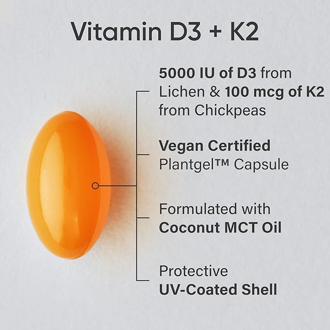 Sports Research Vitamin D3 + K2 (MK-7) – Vegan, Bone & Immune Support – Coconut Oil – 60 Softgels