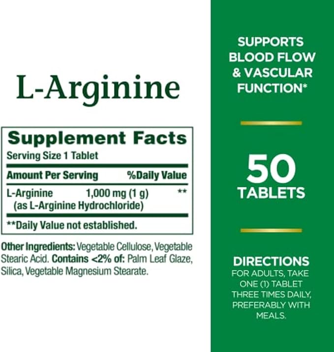 Nature’s Bounty L-Arginine 1000mg – Blood Flow & Vascular Function – Nitric Oxide Booster – Non-GMO, Gluten-Free – 50 Tablets