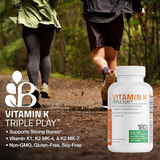 Bronson Vitamin K Triple Play – K2 MK7, K2 MK4, K1 – Full Spectrum Bone & Heart Support – 90 Capsules