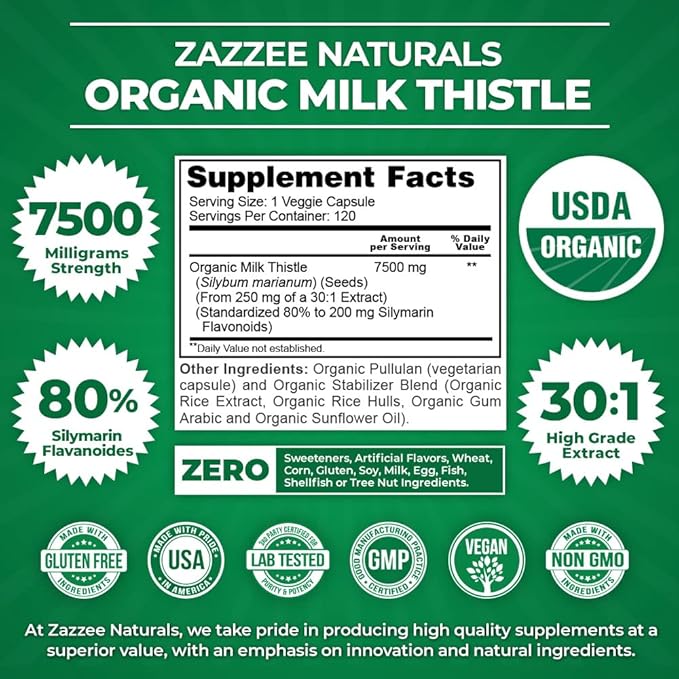 Zazzee USDA Organic Milk Thistle 7500mg – 30:1 Extract with 80% Silymarin Flavonoids – Liver Detox & Antioxidant Support – Vegan, Non-GMO, Gluten-Free – 120 Capsules